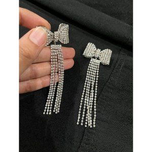 White earring bow crystal pageant silver wedding long rhinestone bridal big